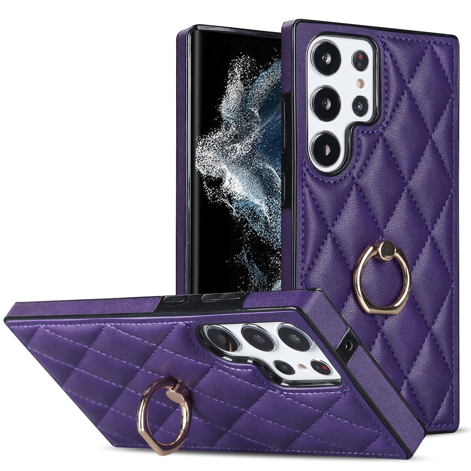 Ring Kickstand Phone Case for Samsung Galaxy S23 Ultra Imprinted Rhombus Grid Pattern PU Leather TPU Phone Cover Ring Kickstand Phone Case for Samsung Galaxy S23 Ultra Imprinted Rhombus Grid Pattern PU Leather TPU Phone Cover